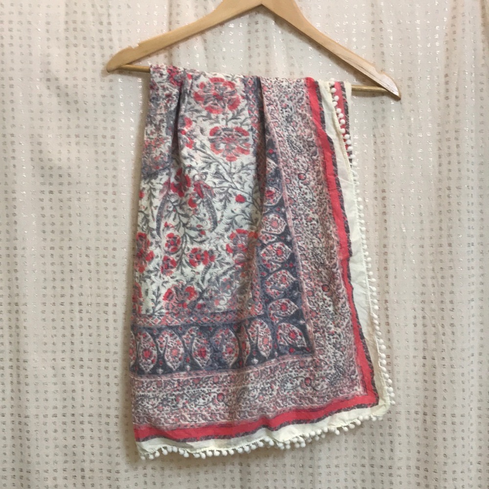 Square Patterned Scarf with Pom Poms